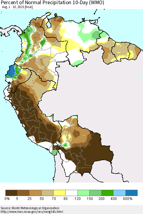 Northern South America Percent of Normal Precipitation 10-Day (WMO) Thematic Map For 8/1/2023 - 8/10/2023