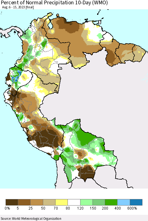 Northern South America Percent of Normal Precipitation 10-Day (WMO) Thematic Map For 8/6/2023 - 8/15/2023