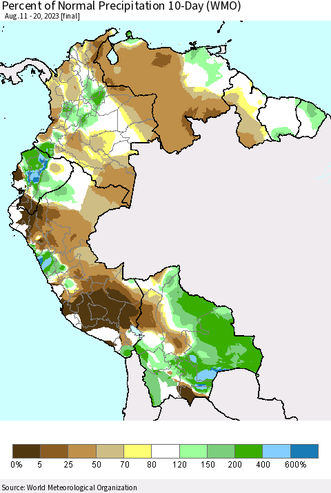 Northern South America Percent of Normal Precipitation 10-Day (WMO) Thematic Map For 8/11/2023 - 8/20/2023