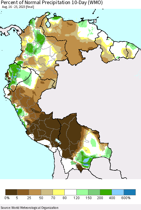 Northern South America Percent of Normal Precipitation 10-Day (WMO) Thematic Map For 8/16/2023 - 8/25/2023