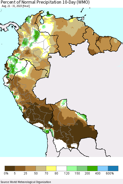 Northern South America Percent of Normal Precipitation 10-Day (WMO) Thematic Map For 8/21/2023 - 8/31/2023