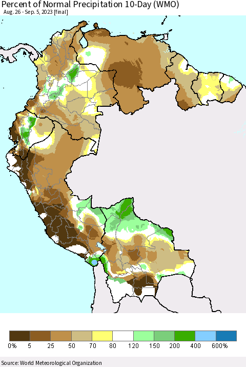 Northern South America Percent of Normal Precipitation 10-Day (WMO) Thematic Map For 8/26/2023 - 9/5/2023