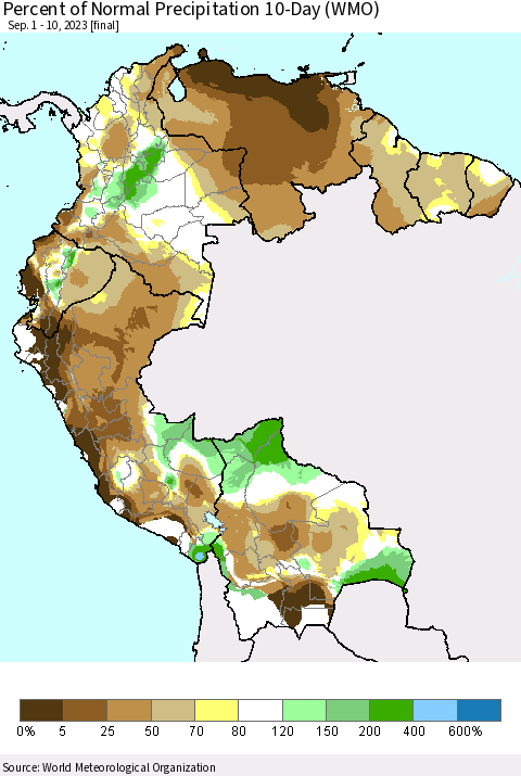 Northern South America Percent of Normal Precipitation 10-Day (WMO) Thematic Map For 9/1/2023 - 9/10/2023