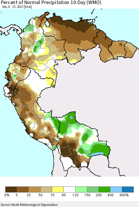 Northern South America Percent of Normal Precipitation 10-Day (WMO) Thematic Map For 9/6/2023 - 9/15/2023