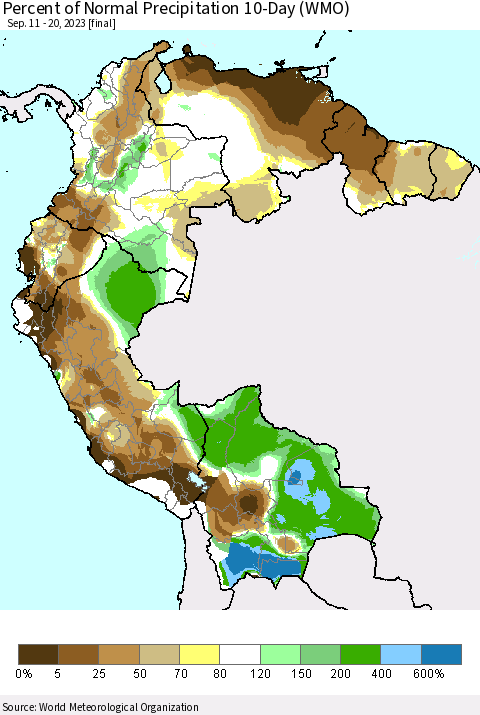 Northern South America Percent of Normal Precipitation 10-Day (WMO) Thematic Map For 9/11/2023 - 9/20/2023