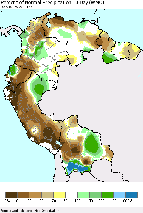Northern South America Percent of Normal Precipitation 10-Day (WMO) Thematic Map For 9/16/2023 - 9/25/2023
