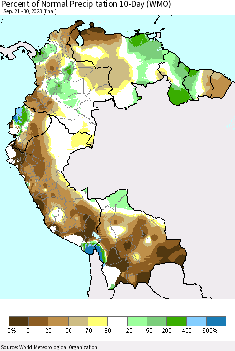 Northern South America Percent of Normal Precipitation 10-Day (WMO) Thematic Map For 9/21/2023 - 9/30/2023
