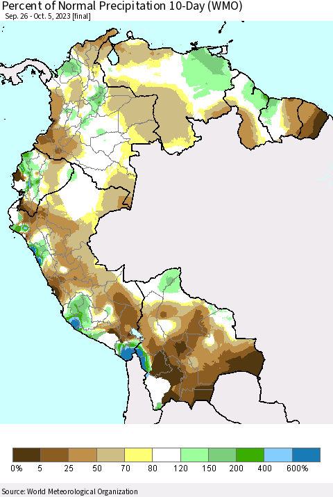 Northern South America Percent of Normal Precipitation 10-Day (WMO) Thematic Map For 9/26/2023 - 10/5/2023