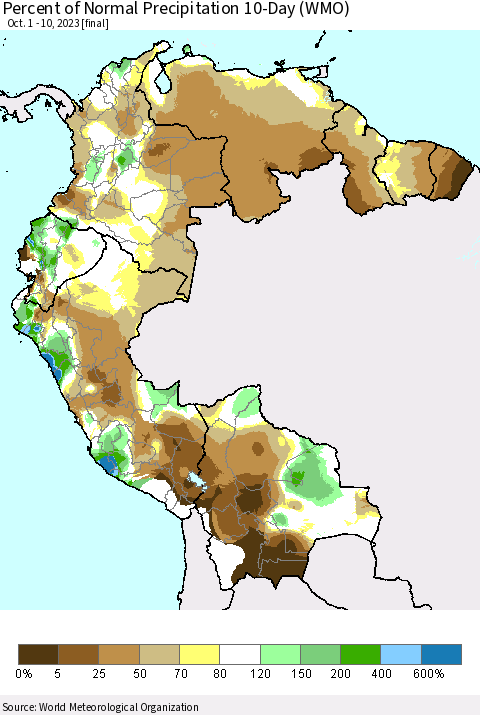Northern South America Percent of Normal Precipitation 10-Day (WMO) Thematic Map For 10/1/2023 - 10/10/2023