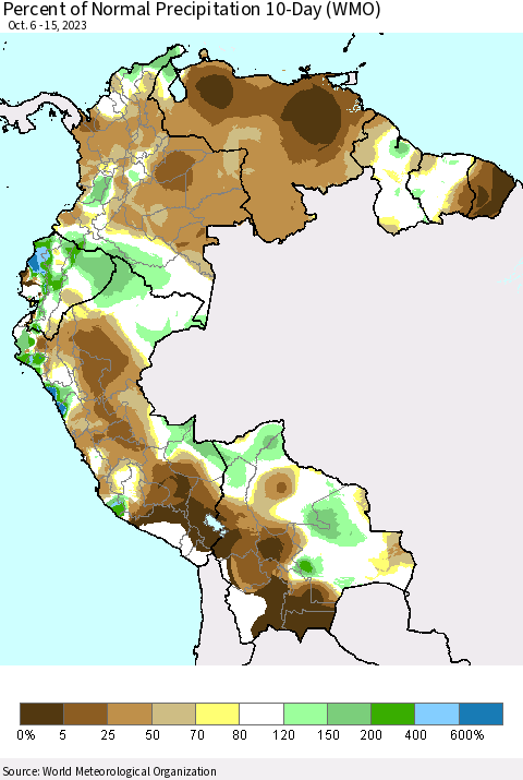 Northern South America Percent of Normal Precipitation 10-Day (WMO) Thematic Map For 10/6/2023 - 10/15/2023