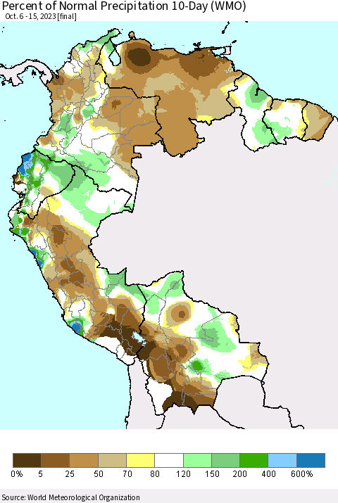 Northern South America Percent of Normal Precipitation 10-Day (WMO) Thematic Map For 10/6/2023 - 10/15/2023