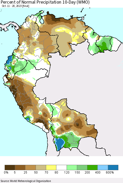 Northern South America Percent of Normal Precipitation 10-Day (WMO) Thematic Map For 10/11/2023 - 10/20/2023