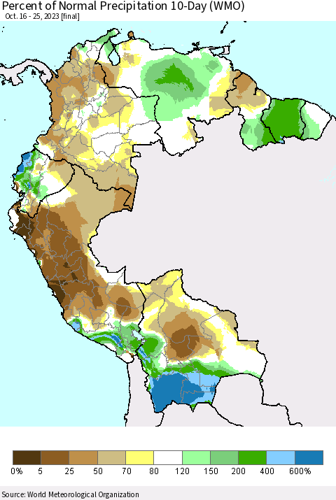 Northern South America Percent of Normal Precipitation 10-Day (WMO) Thematic Map For 10/16/2023 - 10/25/2023
