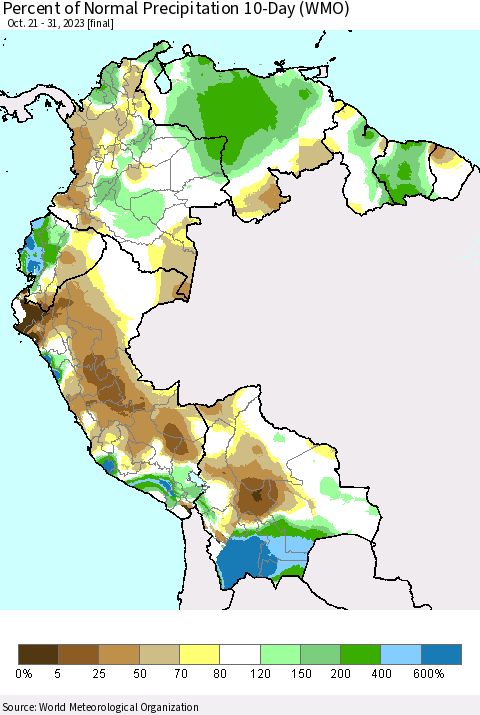 Northern South America Percent of Normal Precipitation 10-Day (WMO) Thematic Map For 10/21/2023 - 10/31/2023