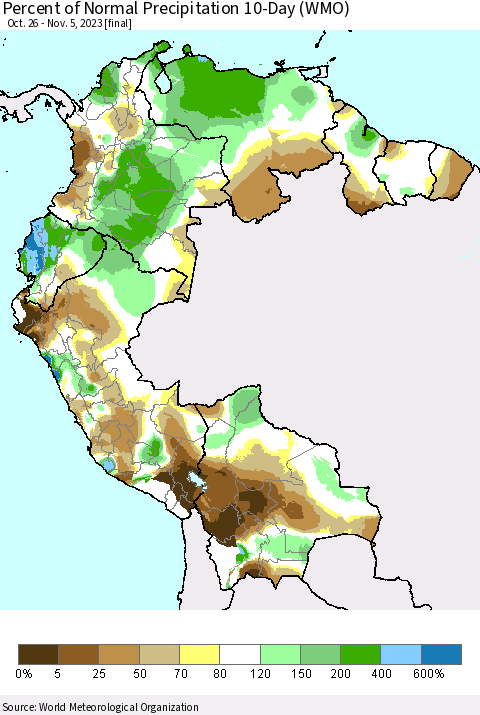 Northern South America Percent of Normal Precipitation 10-Day (WMO) Thematic Map For 10/26/2023 - 11/5/2023
