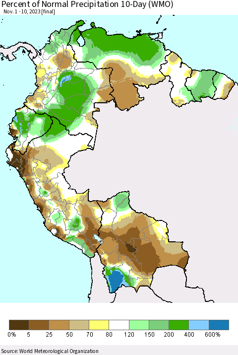 Northern South America Percent of Normal Precipitation 10-Day (WMO) Thematic Map For 11/1/2023 - 11/10/2023