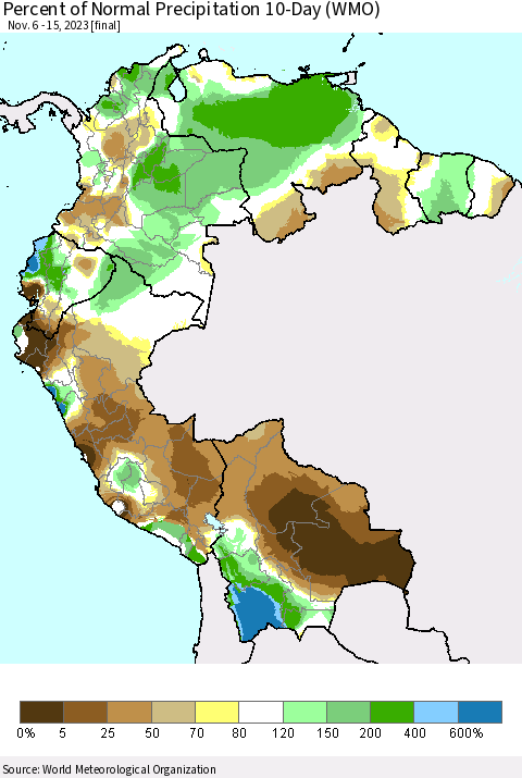 Northern South America Percent of Normal Precipitation 10-Day (WMO) Thematic Map For 11/6/2023 - 11/15/2023