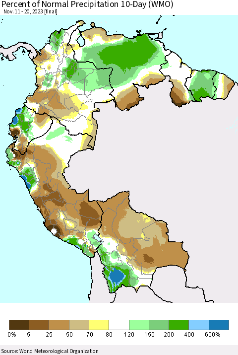 Northern South America Percent of Normal Precipitation 10-Day (WMO) Thematic Map For 11/11/2023 - 11/20/2023