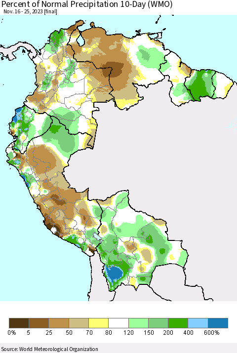 Northern South America Percent of Normal Precipitation 10-Day (WMO) Thematic Map For 11/16/2023 - 11/25/2023