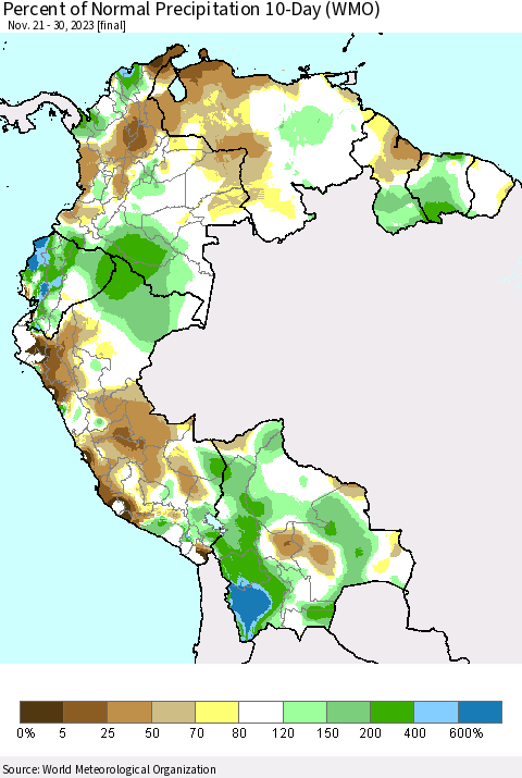 Northern South America Percent of Normal Precipitation 10-Day (WMO) Thematic Map For 11/21/2023 - 11/30/2023