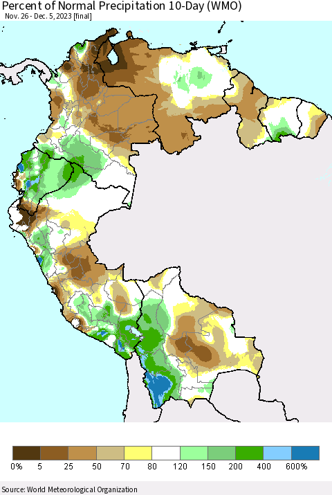Northern South America Percent of Normal Precipitation 10-Day (WMO) Thematic Map For 11/26/2023 - 12/5/2023