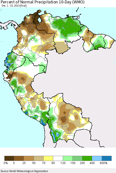 Northern South America Percent of Normal Precipitation 10-Day (WMO) Thematic Map For 12/1/2023 - 12/10/2023