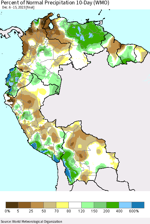 Northern South America Percent of Normal Precipitation 10-Day (WMO) Thematic Map For 12/6/2023 - 12/15/2023