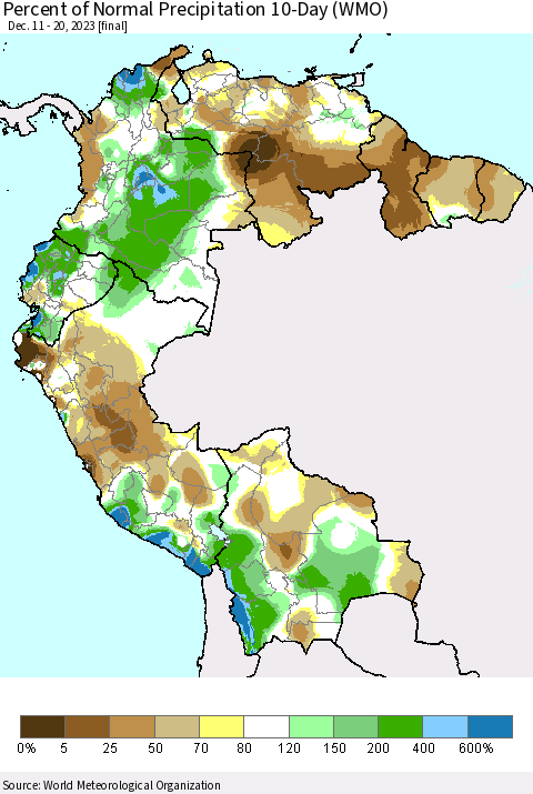 Northern South America Percent of Normal Precipitation 10-Day (WMO) Thematic Map For 12/11/2023 - 12/20/2023