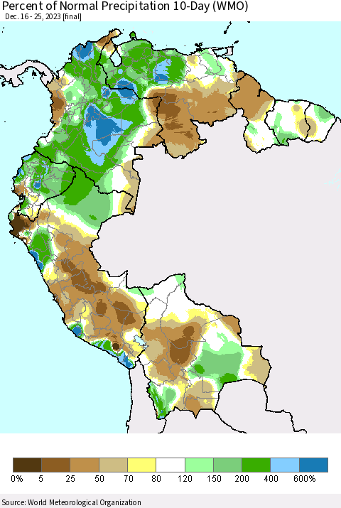 Northern South America Percent of Normal Precipitation 10-Day (WMO) Thematic Map For 12/16/2023 - 12/25/2023