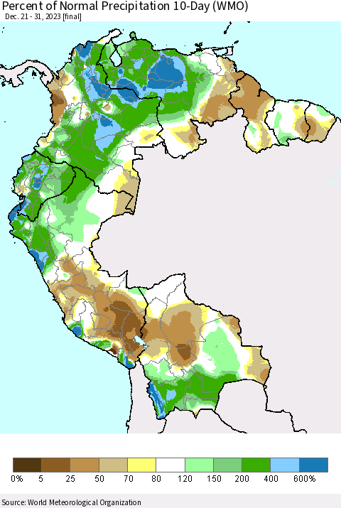 Northern South America Percent of Normal Precipitation 10-Day (WMO) Thematic Map For 12/21/2023 - 12/31/2023