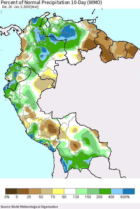 Northern South America Percent of Normal Precipitation 10-Day (WMO) Thematic Map For 12/26/2023 - 1/5/2024