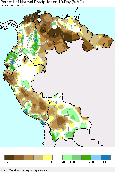 Northern South America Percent of Normal Precipitation 10-Day (WMO) Thematic Map For 1/1/2024 - 1/10/2024