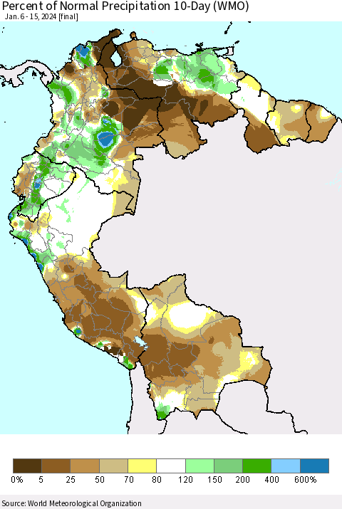 Northern South America Percent of Normal Precipitation 10-Day (WMO) Thematic Map For 1/6/2024 - 1/15/2024