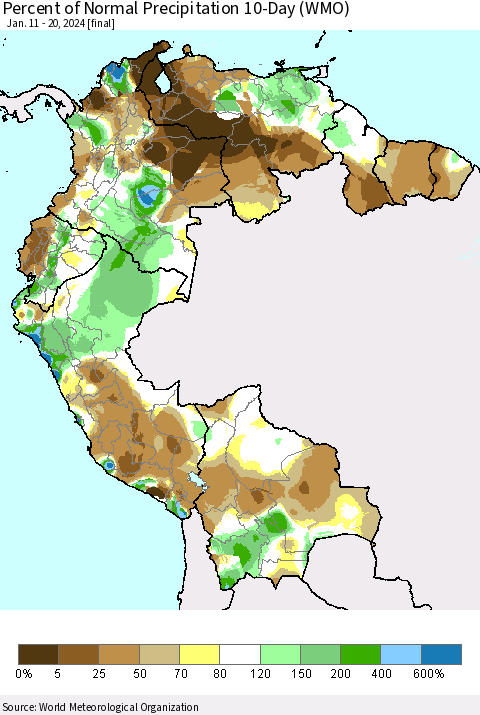 Northern South America Percent of Normal Precipitation 10-Day (WMO) Thematic Map For 1/11/2024 - 1/20/2024