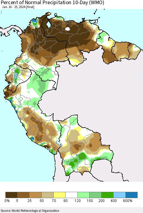 Northern South America Percent of Normal Precipitation 10-Day (WMO) Thematic Map For 1/16/2024 - 1/25/2024