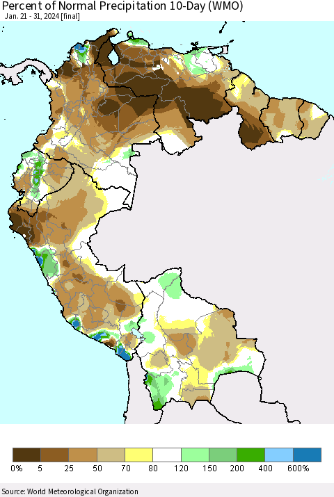 Northern South America Percent of Normal Precipitation 10-Day (WMO) Thematic Map For 1/21/2024 - 1/31/2024