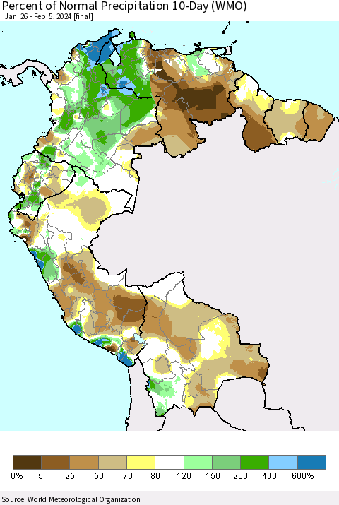 Northern South America Percent of Normal Precipitation 10-Day (WMO) Thematic Map For 1/26/2024 - 2/5/2024