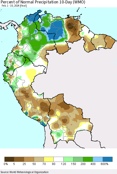 Northern South America Percent of Normal Precipitation 10-Day (WMO) Thematic Map For 2/1/2024 - 2/10/2024