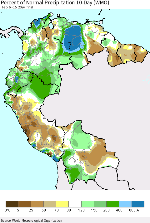 Northern South America Percent of Normal Precipitation 10-Day (WMO) Thematic Map For 2/6/2024 - 2/15/2024