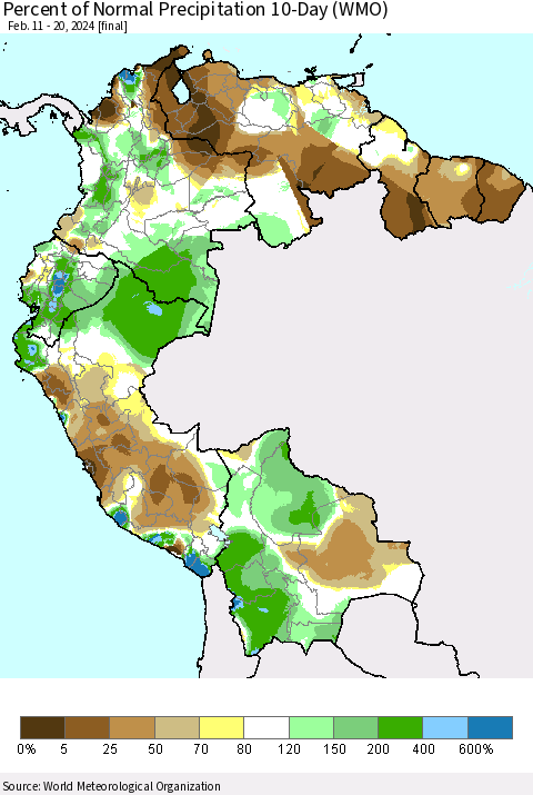 Northern South America Percent of Normal Precipitation 10-Day (WMO) Thematic Map For 2/11/2024 - 2/20/2024