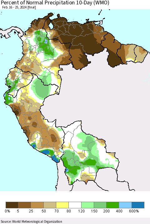 Northern South America Percent of Normal Precipitation 10-Day (WMO) Thematic Map For 2/16/2024 - 2/25/2024