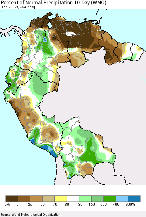 Northern South America Percent of Normal Precipitation 10-Day (WMO) Thematic Map For 2/21/2024 - 2/29/2024