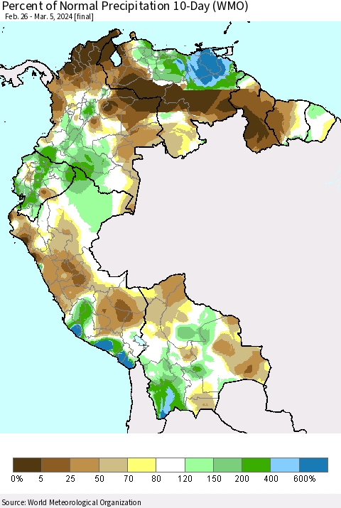 Northern South America Percent of Normal Precipitation 10-Day (WMO) Thematic Map For 2/26/2024 - 3/5/2024