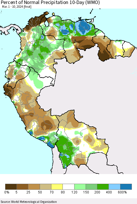 Northern South America Percent of Normal Precipitation 10-Day (WMO) Thematic Map For 3/1/2024 - 3/10/2024