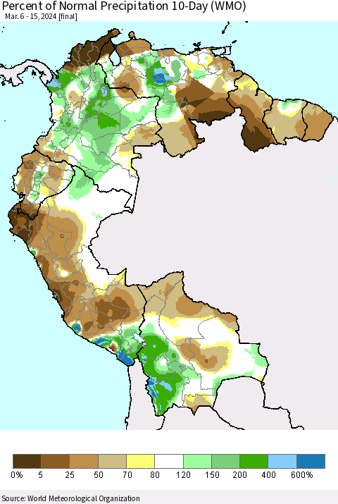 Northern South America Percent of Normal Precipitation 10-Day (WMO) Thematic Map For 3/6/2024 - 3/15/2024