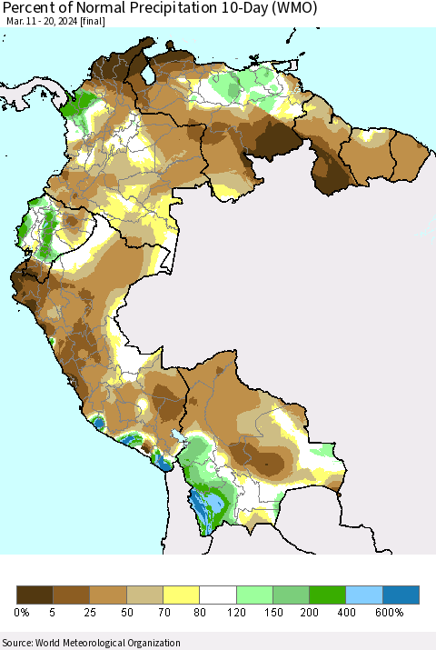 Northern South America Percent of Normal Precipitation 10-Day (WMO) Thematic Map For 3/11/2024 - 3/20/2024