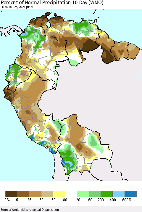 Northern South America Percent of Normal Precipitation 10-Day (WMO) Thematic Map For 3/16/2024 - 3/25/2024