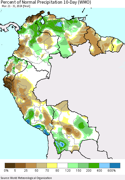 Northern South America Percent of Normal Precipitation 10-Day (WMO) Thematic Map For 3/21/2024 - 3/31/2024