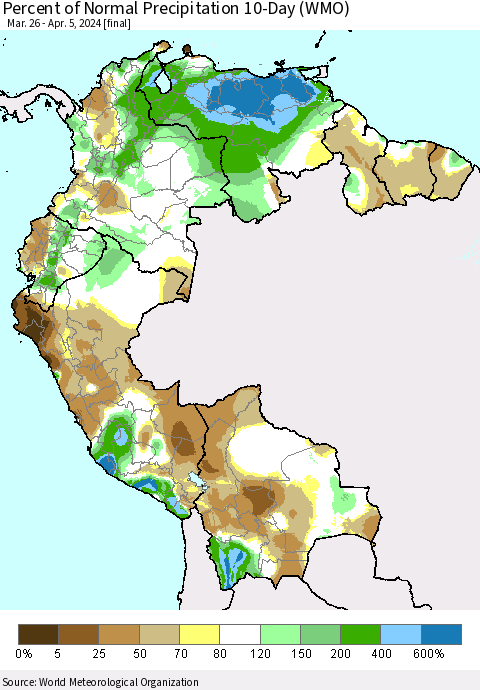 Northern South America Percent of Normal Precipitation 10-Day (WMO) Thematic Map For 3/26/2024 - 4/5/2024