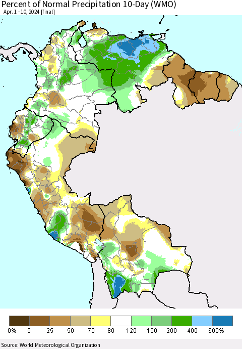Northern South America Percent of Normal Precipitation 10-Day (WMO) Thematic Map For 4/1/2024 - 4/10/2024